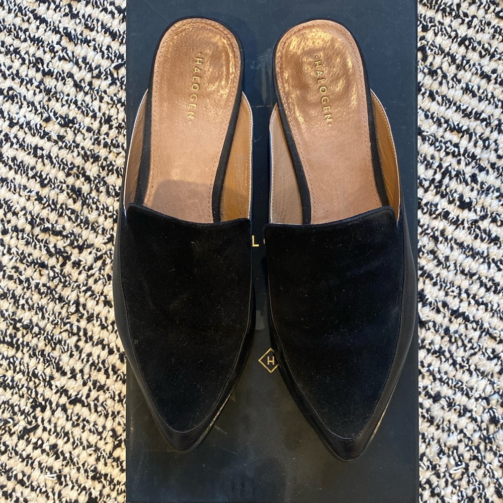 Halogen black leather and suede slides